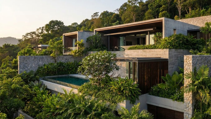 Luxury villa exterior with tiered stone walls and lush tropical landscaping designed for maximum guest privacy.