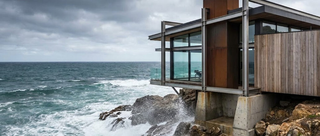 A modern luxury villa built into a rocky coastline, featuring saline-resistant metal frames and expansive glass overlooking a rough ocean.