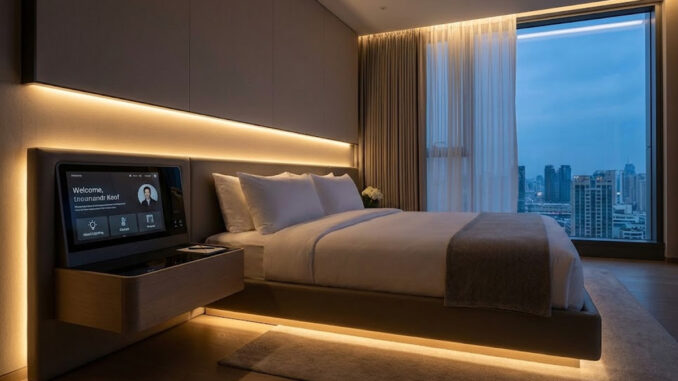 A luxury villa bedroom featuring warm ambient lighting and a bedside touch-screen interface for smart home automation.